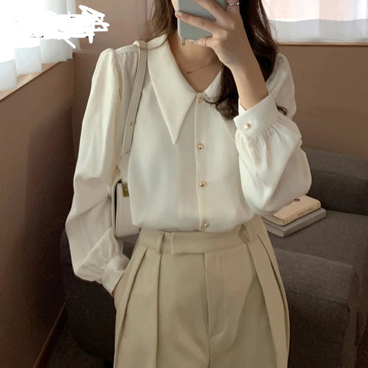 White Casual Ladies Long Sleeve Shirts and Blouses